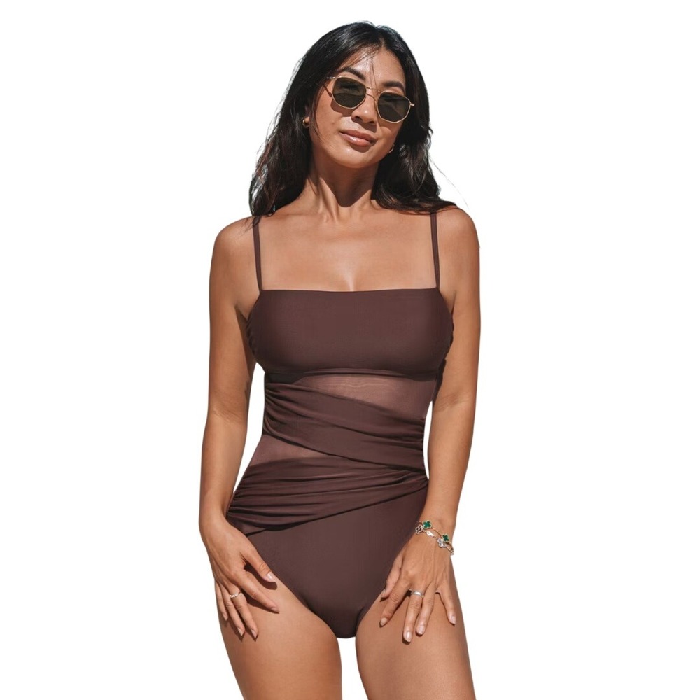 Cupshe Women's Brown Draped Cutout Back One Piece Swimsuit Size Large